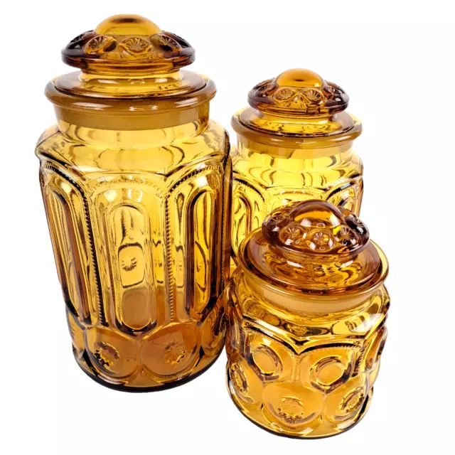 3 Vintage LE Smith Moon and Stars Amber Canister Set W/ Lids