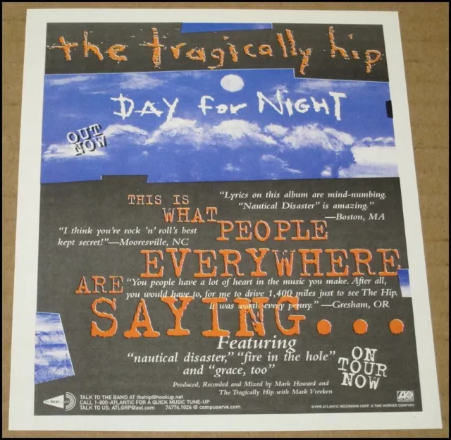 1995 The Tragically Hip Day for Night Print Ad 1994 Album Advertisement Clipping