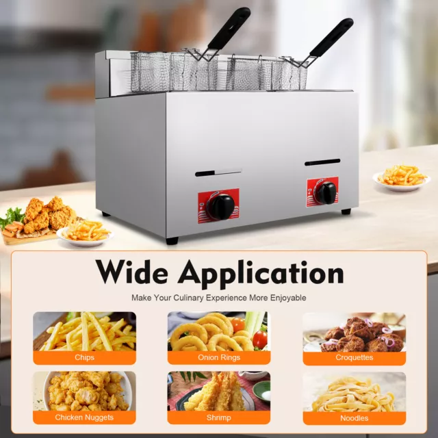 Commercial Countertop Gas Fryer Stainless LPG Deep Fryer Liquefied Gas 2 Basket