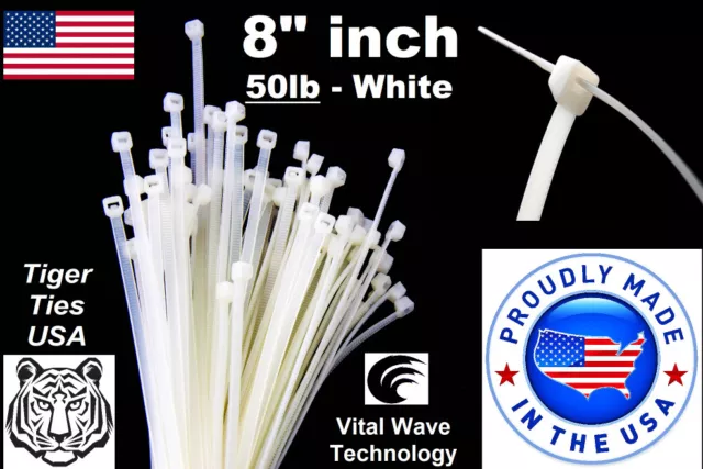200 White 8" inch Wire Cable Zip Ties Nylon Tie Wraps 50lb USA Made Tiger Ties