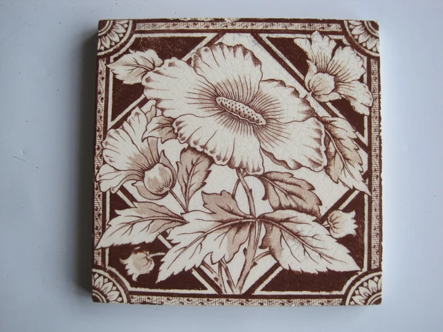 ANTIQUE VICTORIAN BROWN FLORAL TRANSFER PRINT TILE - WEDGWOOD? RD. 156691 c1890