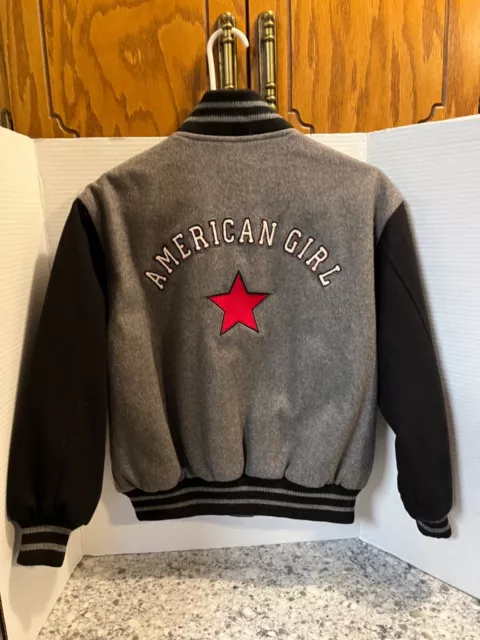 American Girl Varsity Jacket Embroidered Logo Gray Black Wool Blend Kids MEDIUM