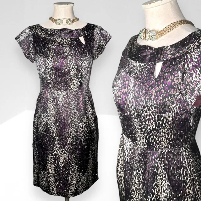 NANETTE LEPORE 100% Silk Sheath Cocktail Dress Pencil Cheetah Print Cap Sleeve 2