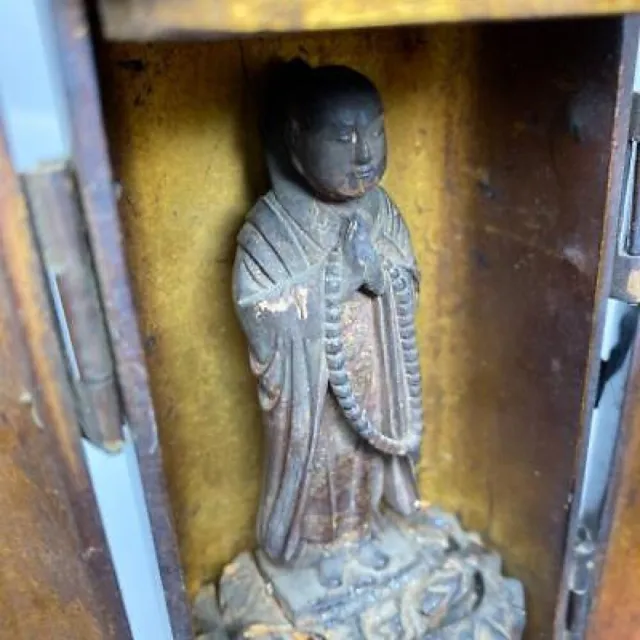 KUKAI MONK Buddha Statue with Zushi Box 5.5 in 19TH CENTURY Antique EDO Japanese