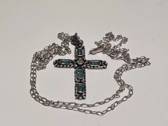 Antique Rare Beautiful Mens Ladies Solid  Silver Cross With Stones And Chain 3