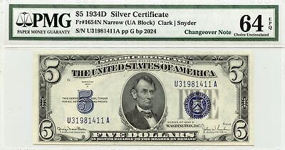 1934D $5 Silver Cert Fr# 1654 Changeover Pair PMG Gem 65 CH 64 EPQ 3