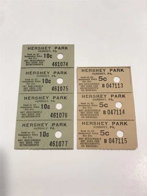 7 Vintage Hershey Park Tickets 10c 5c 1940s Amusement Park Collectible Ephemera