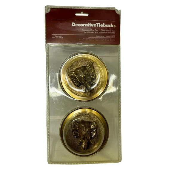 Vintage Pair Heavy Lacquered Brass Elephant Head 5" Curtain Decorative Tiebacks