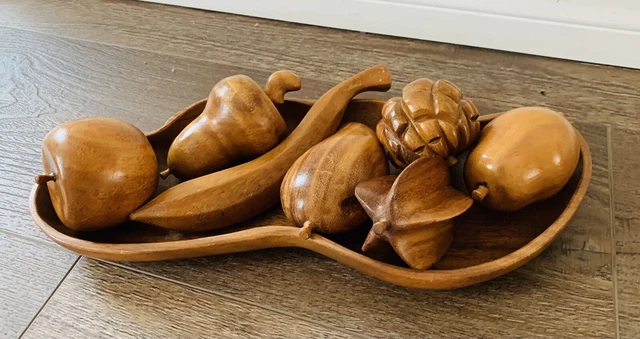 VINTAGE  Mid Century Modern HAND CARVED WOOD WOODEN FRUIT AND BOWL