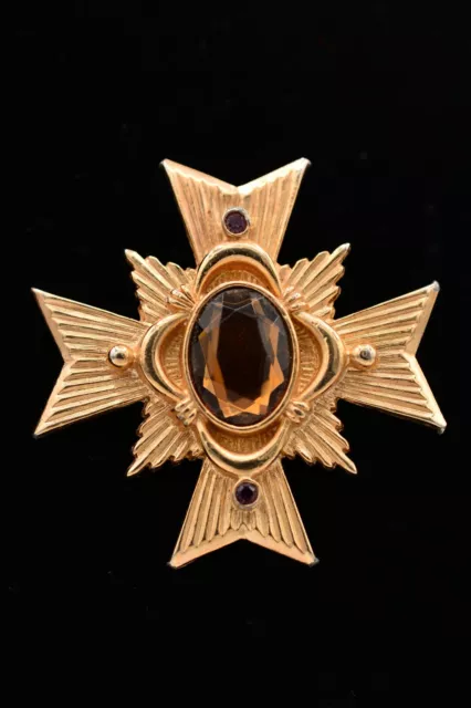 Avon Maltese Cross Pin Brooch Brown Gold Rhinestone Crystal Signed 1980s BinAT
