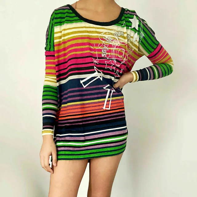 Desigual Rainbow Printed Tunic Top Striped Dolman Sleeve Oversized S NEW 254422