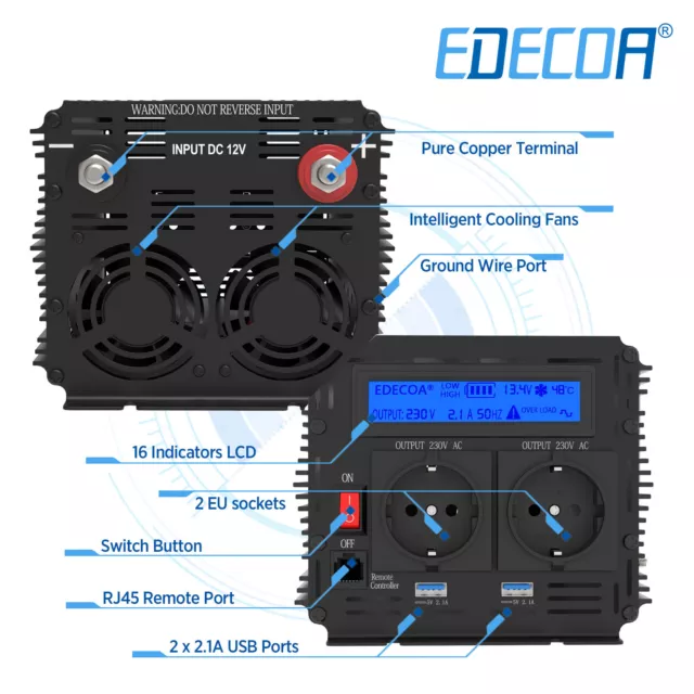 EDECOA Convertisseur 12V 220V 230V 2000w Onduleur Télécommande ED-RC USB LCD 2