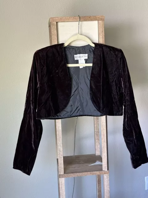 VINTAGE 80S ROBERTA USA Black Velvet Crop Jacket Puffy Shoulder Pads ...