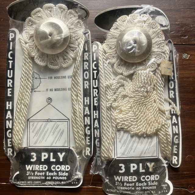 2 NOS 3 PLY WIRED CORD PICTURE MIRROR HANGER TASSLE NEW VINTAGE Cream