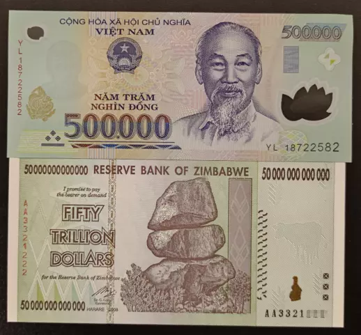 2008 Zimbabue 50 billones de dólares Vietnam 500000 Dong moneda unc