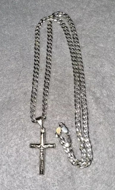 Solid 925 Sterling Silver w Cross Italian Curb Link Chain, Men's Necklace 24"