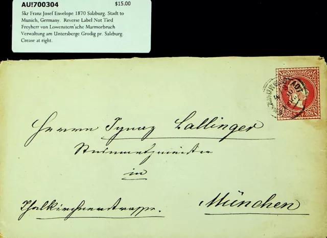 AUSTRIA 1870 FRANZ JOSEF 5kr PS ENVELOPE SALZBURG TO GERMANY W/ LABEL AT BACK