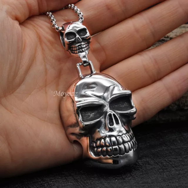 Mens Stainless Steel Halloween Large Punk Biker Skull Pendant Necklace Gift