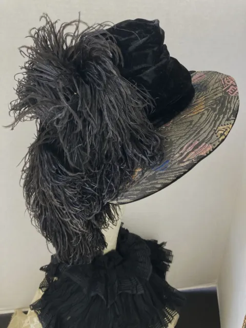 Antique Victorian Black Velvet & Brocade Hat W/ Ostrich Plumes “Seeleys " Ny