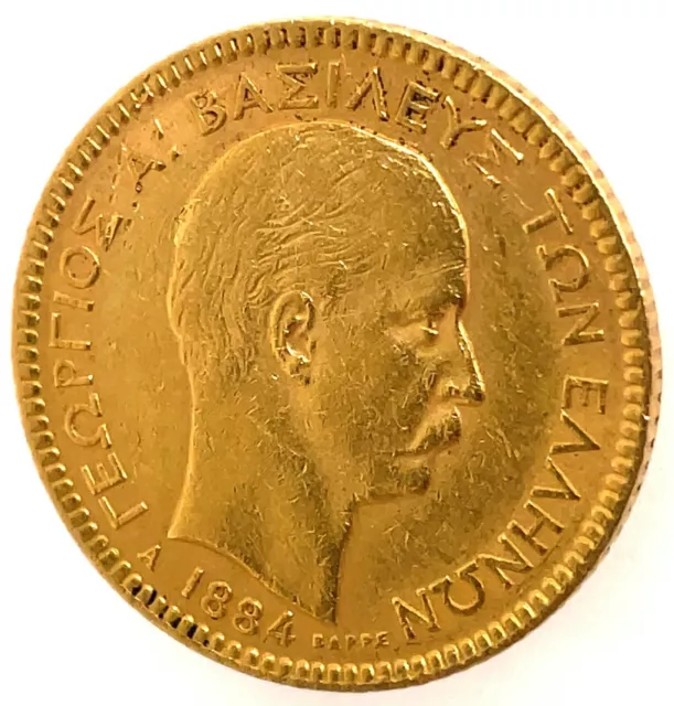 1884 GREECE King GEORGE I Antique Gold 20 Drachmai Coin KM#56