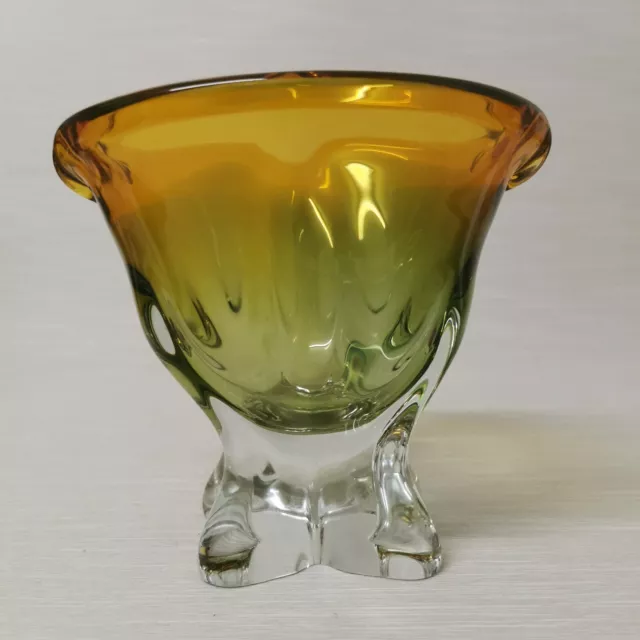 Vintage Josef Hospodka Czech Orange & Green Tulip Glass Sommerso Chribska Bowl