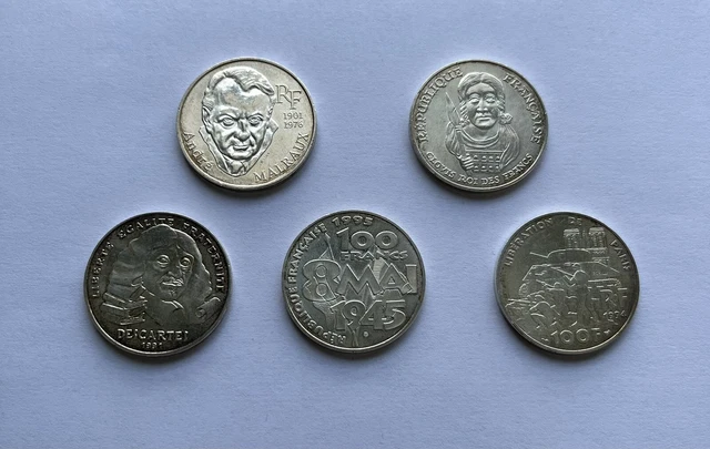 Lot de 5 pièces 100 Francs commémoratives en argent