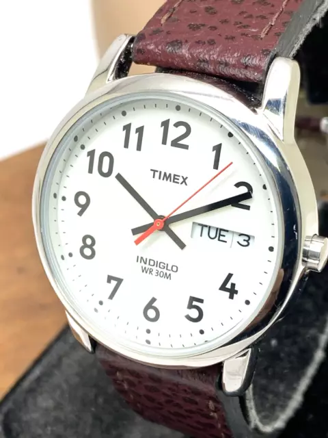 Timex Men's Watch T20041 Quartz Indiglo White Dial Day Date Leather Band 35mm