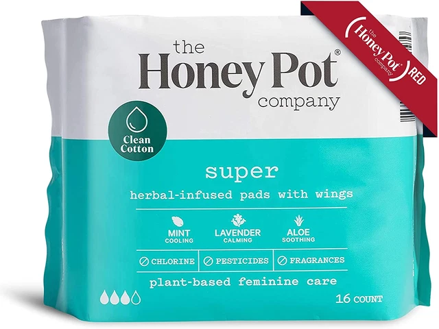 Almohadillas súper absorbentes de algodón The Honey Pot Company (16 unidades), infundidas a base de hierbas