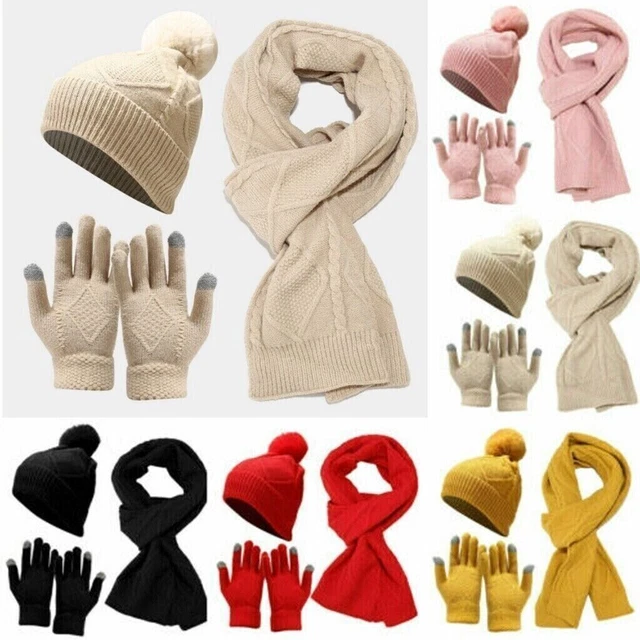 Womens 2PCS Cap Girls Thick Knit Hat Scarf AND Gloves Set Knitted Winter NEW UK