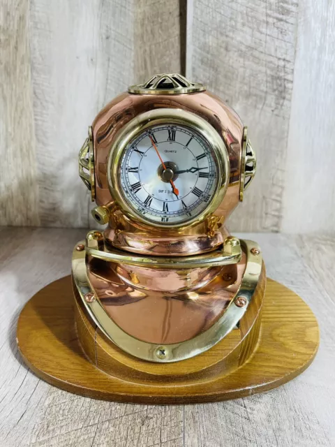 Nautical Copper Brass Divers Clock Diving Helmet w/ Wooden Base Desk Decor WORKS