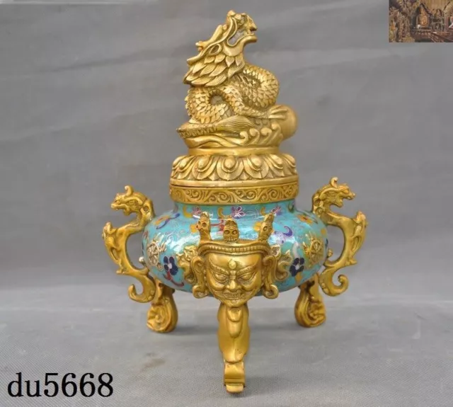 China Bronze Cloisonne enamel Gilt Dragon Mahakala Incense burner Censer statue