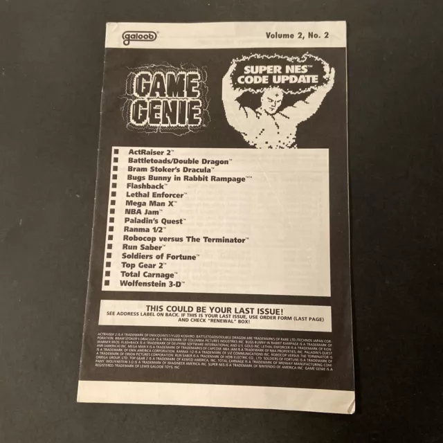 GAME GENIE SNES Code Update Vol 2 No 2 11.95 PicClick