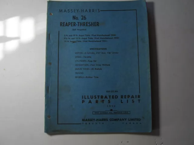 1952 Massey-Harris No. 26 Reaper Thresher Illustrated Repair Parts List - #5344