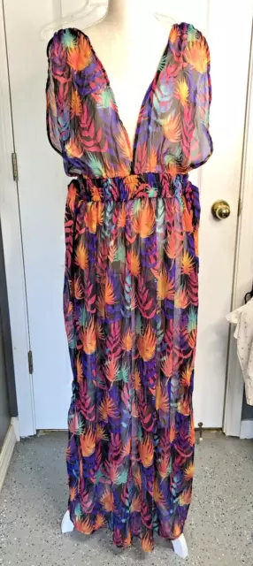 LONG MAXI DRESS SWIM COVERUP SWIMSUIT COVER Sleeveless Multicolor Sheer Size M