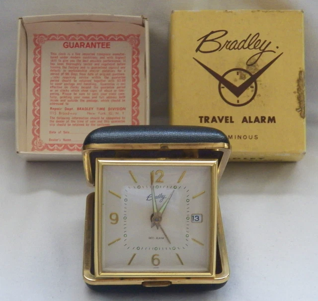 VINTAGE BRADLEY LUMINOUS Alarm, Date, Glow Travel Clock In Black, Made