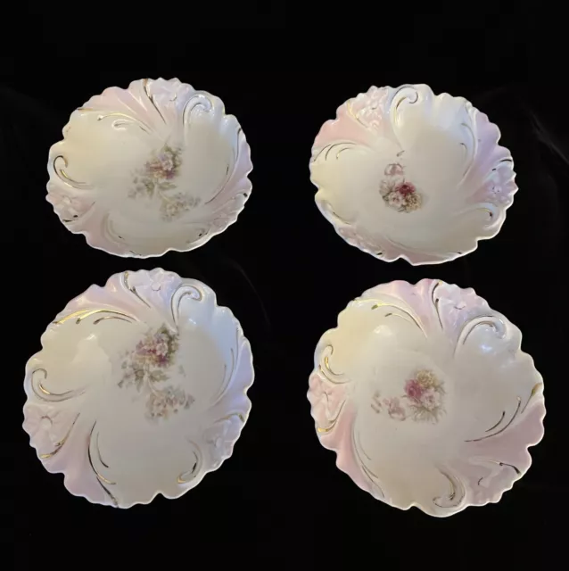 1890 ca. RS PRUSSIA “Old Mold” Berry Bowls Scroll Mold Pink Flowers