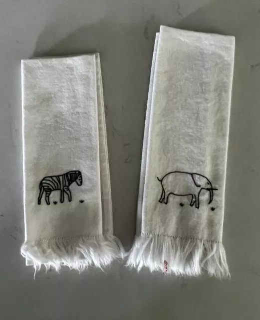 Vintage Finger Tip Tea Towels Pair Safari Animals Hand Embroidered Madeira