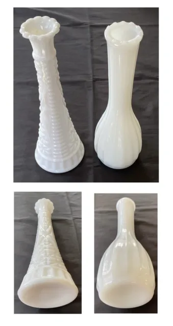 VINTAGE Milk Glass Bud Vases 9" Tall  Pressed White  2-Piece Set