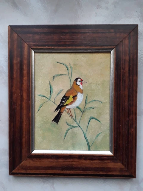 Vecchio QUADRO DIPINTO A MANO OLIO SU tavoletta uccellino 23x 19,5cm