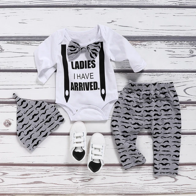 Newborn Baby Boys Gentleman Clothes 3PCS Romper Tops Pants Hat Outfits Kids Set