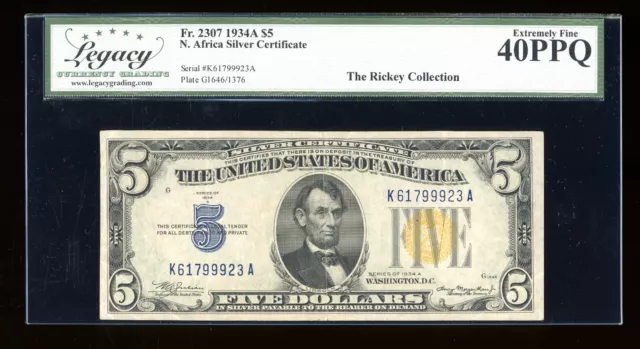 DBR 1934-A $5 Silver North Africa Fr. 2307 Legacy XF-40 PPQ Serial K61799923A