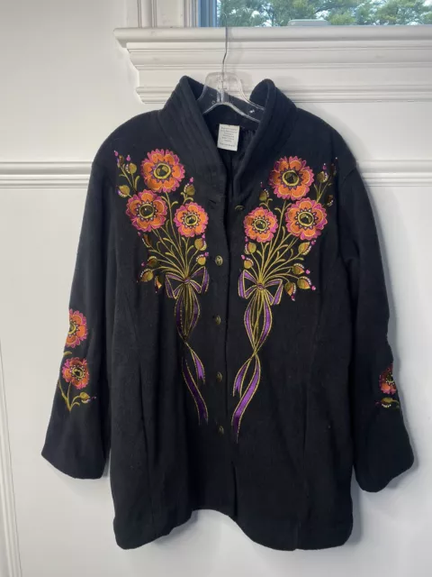 Bob Mackie Fleece Jacket Black Embroidered Flowers Large Wearable Art