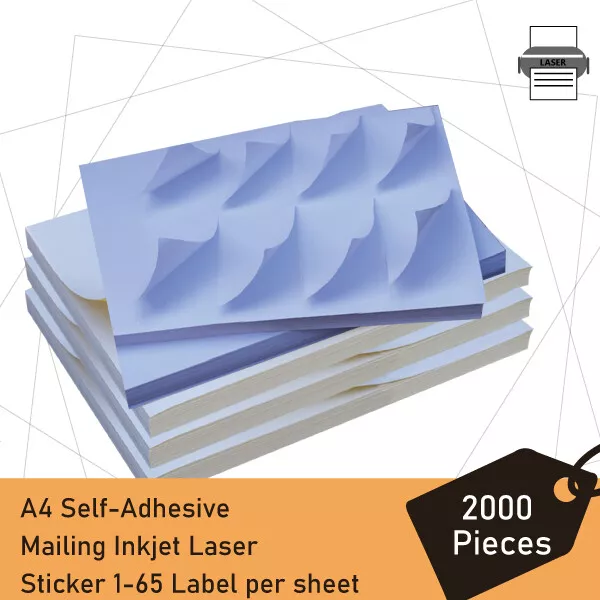 2000 Pieces x A4 Self-Adhesive Mailing Inkjet Laser Sticker 1-65 Label per sheet