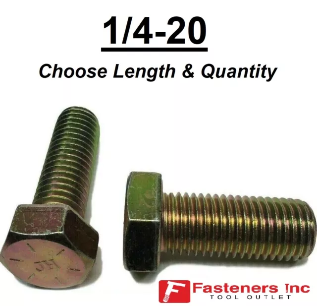 1/4-20 Grade 8 Hardened Hex Cap Screw Bolt Yellow Zinc (All Sizes & Qty's) 1/4"