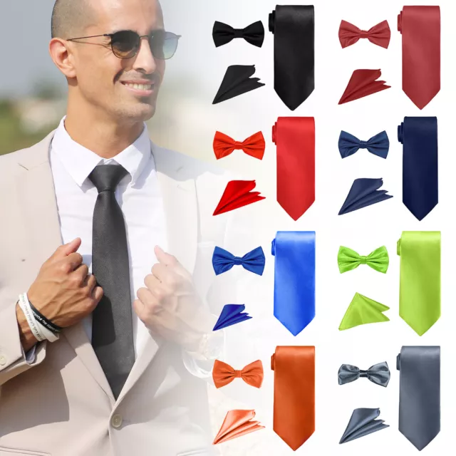 Men Solid Plain Wedding Tie & Pocket Square Hanky Handkerchief Matching Set