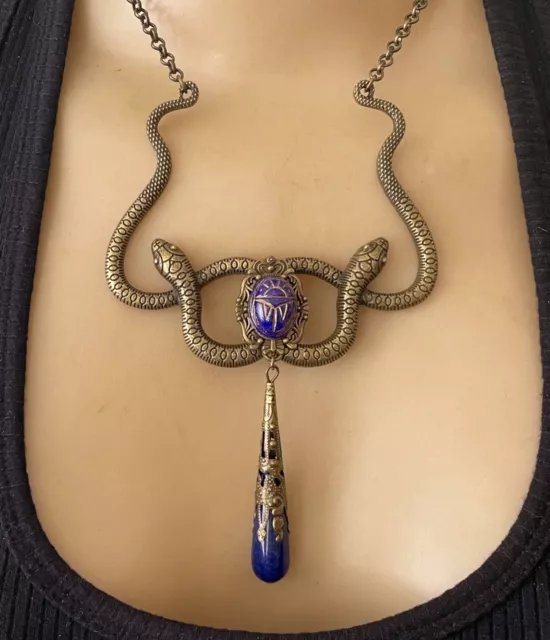 Double Snake Necklace Wide Serpent Bib Pendant Egyptian Scarab W/ Lapis Drop