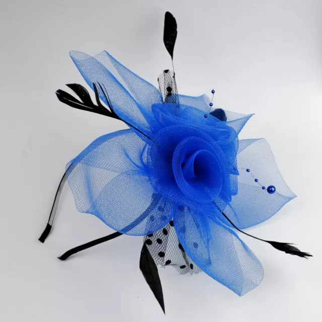 Haarreif Fascinator Schleier Perlen Federn Hochzeit Haarschmuck Blume BLAU FP