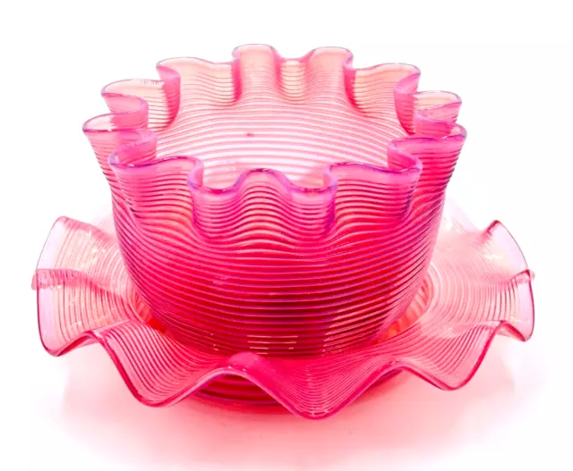 Antique Boston & Sandwich Lutz Glass Threaded Pink Opalescent Bowl & Under Plate