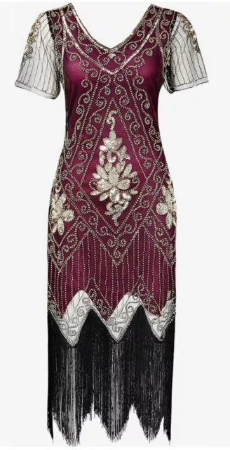 Women Dress SZ  Small Red Wine V Neck Beaded Fringed 1920 Great Gatsby Party NWT