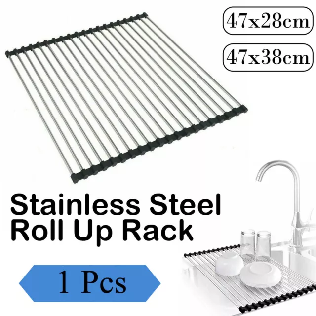 Foldable Stainless Steel Dish Rack Drying Drainer Over Sink Rack Roll Up Kitchen